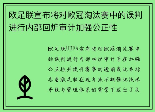 欧足联宣布将对欧冠淘汰赛中的误判进行内部回炉审计加强公正性