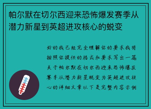 帕尔默在切尔西迎来恐怖爆发赛季从潜力新星到英超进攻核心的蜕变